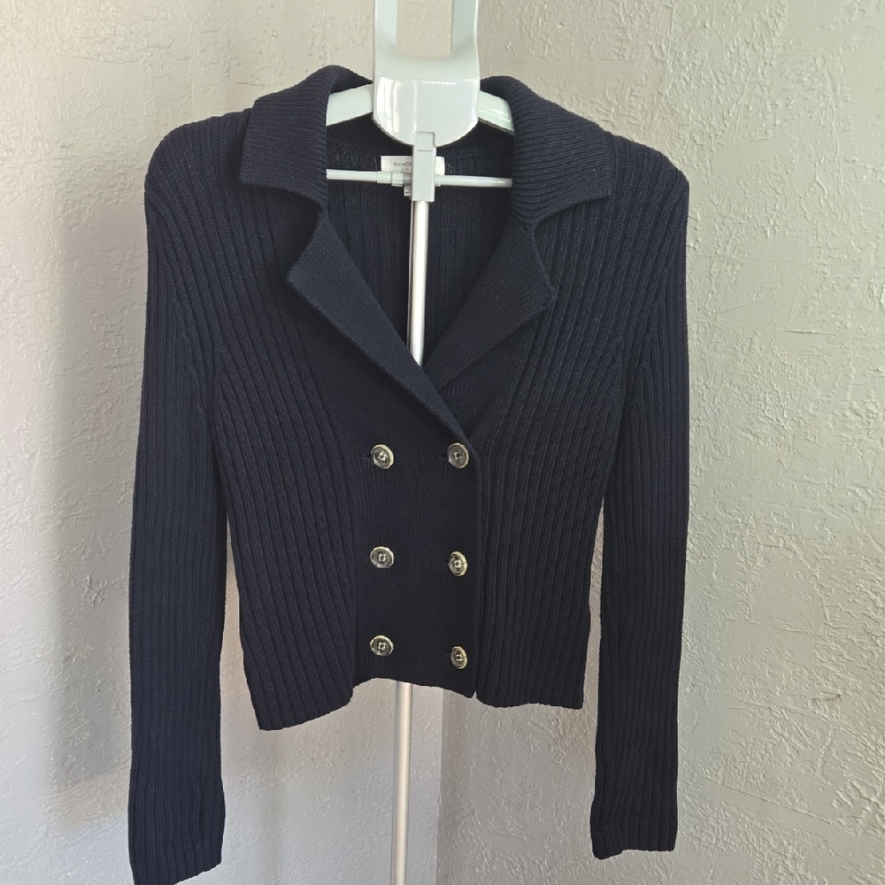 ^Isaac Mizrahi Navy Ribbed Knit Cardigan Coastal Cozy Winter Fall Preppy